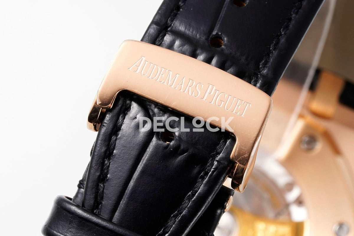 Replica Audemars Pigeut Royal Oak 41mm 15400 RG APSF Black Dial on Black Leather Strap | Declock.