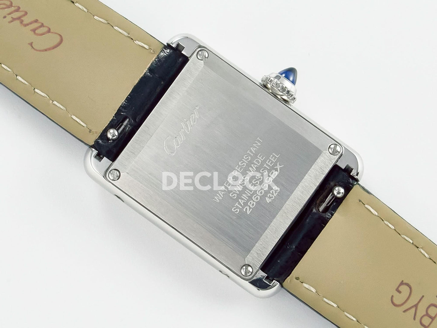 Replica Cartier Tank Louis Cartier Small SS 29mm Black Dial on Black Leather Strap | Declock.