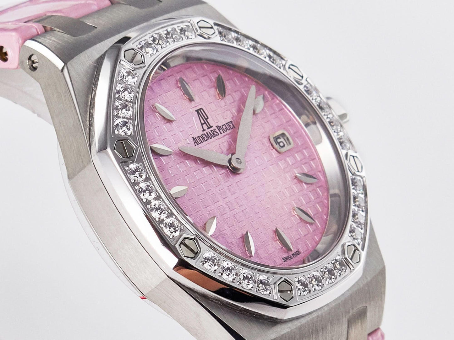 Replica Audemars Pigeut Royal Oak Offshore Ladies 33mm SS DRF Best Edition Pink Dial Diamonds Bezel on Pink Leather Strap | Declock.