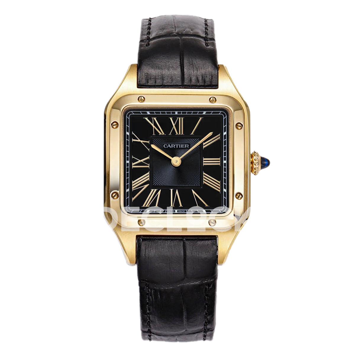 Replica Cartier Santos Dumont (Large) Black Dial Gold Bezel on Black Leather Strap | Declock.