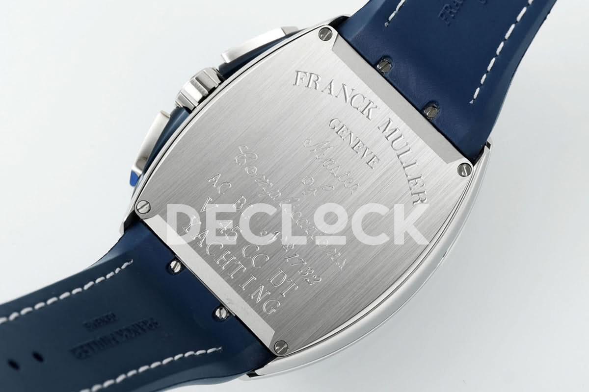 Replica Franck Muller Vanguard V45 Chronograph Blue/White Dial with White Marker in Steel on Leather Strap | Declock.