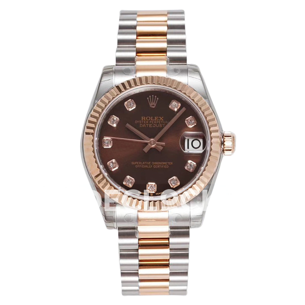 Rolex Datejust 31mm Chocolate Gem-Set Dial Rose Gold / Steel President A2824 - front view