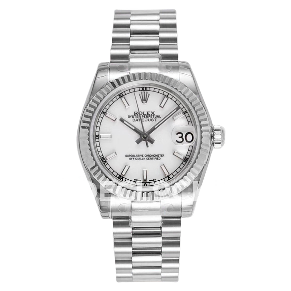 Rolex Datejust 31mm White Baton Dial Steel President A2824 - front view