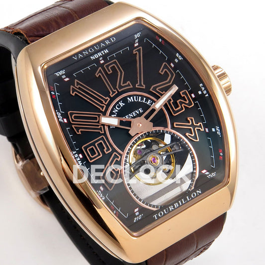 Franck Muller Vanguard V45 Tourbillon Style Rose Gold Brown Leather ABF replica - three quarter right