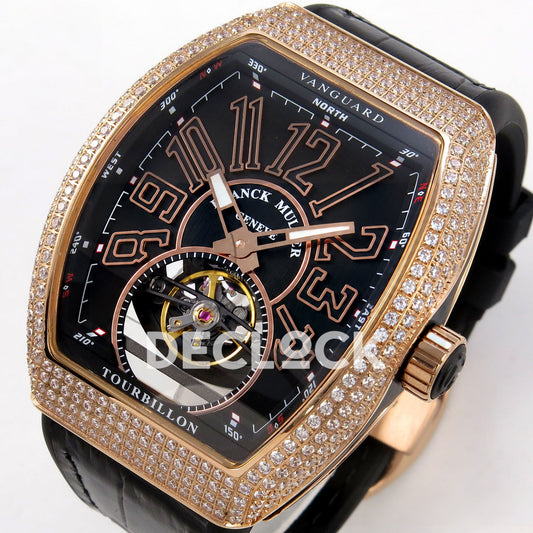 Franck Muller Vanguard V45 Tourbillon Style Rose Gold Gems Black Leather ABF replica - dial angle