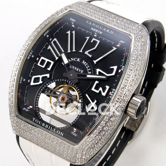 Franck Muller Vanguard V45 Tourbillon Style Steel Gems White Leather ABF replica - dial angle