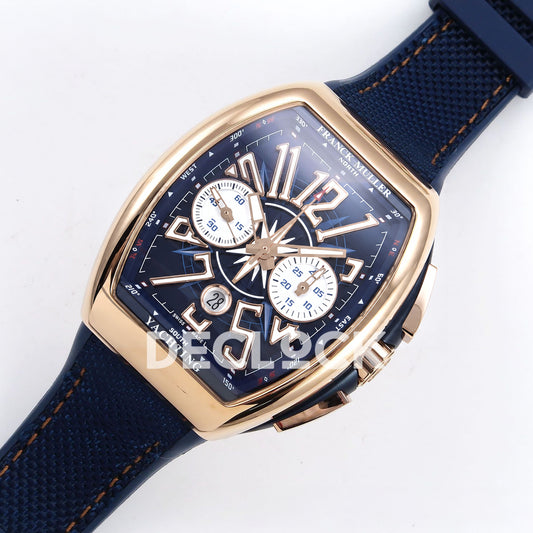 Franck Muller Vanguard Yachting Chrono Rose Gold Blue Nylon ABF A7750 replica - dial angle left