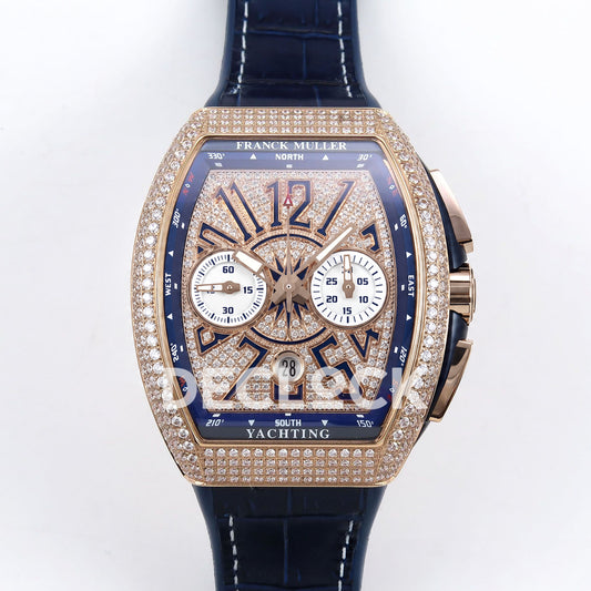 Franck Muller Vanguard Yachting Chrono Rose Gold Pave Blue ABF A7750 replica - front