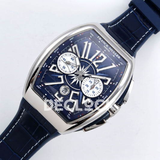Franck Muller Vanguard Yachting Chrono Steel Blue Leather ABF A7750 replica - dial angle left