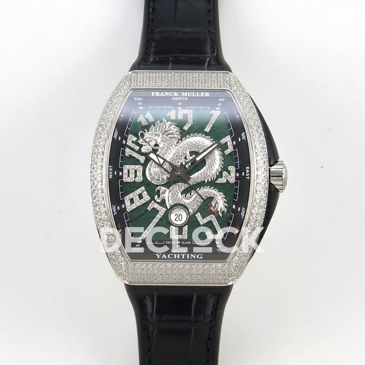 Franck Muller Vanguard Yachting Dragon King Green Gems Black Leather ABF A2824 replica - front
