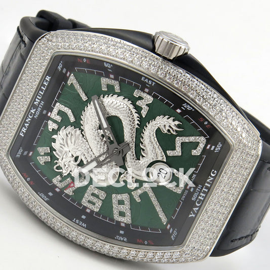 Franck Muller Vanguard Yachting Dragon King Green Gems Black Leather ABF A2824 replica - dial angle right