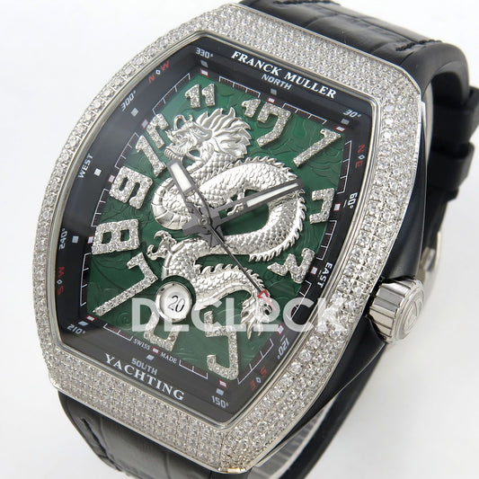 Franck Muller Vanguard Yachting Dragon King Green Gems Black Leather ABF A2824 replica - three quarter