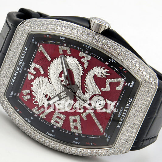 Franck Muller Vanguard Yachting Dragon King Red Gems Black Leather ABF A2824 replica - dial angle right
