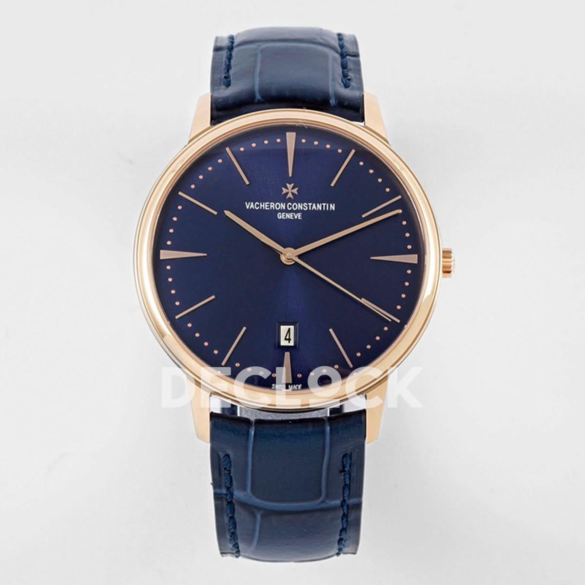 Replica Vacheron Constantin Patrimony Date Rose Gold Blue Dial on Blue Leather Strap | Declock.