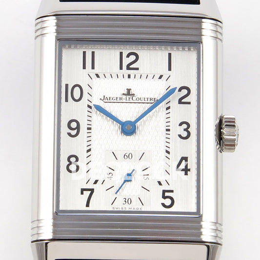 Jaeger-LeCoultre Reverso Duoface JJF white Arabic blue hands steel replica - dial detail view