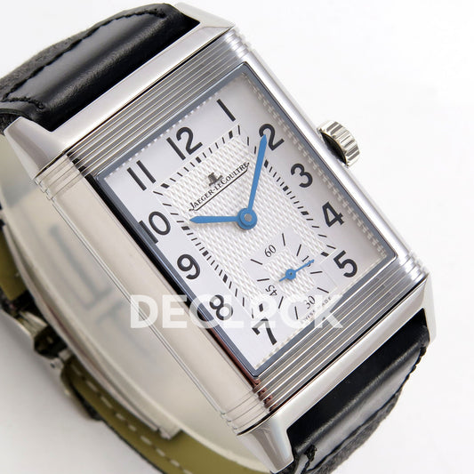 Jaeger-LeCoultre Reverso Duoface JJF white Arabic blue hands steel replica - angled dial view