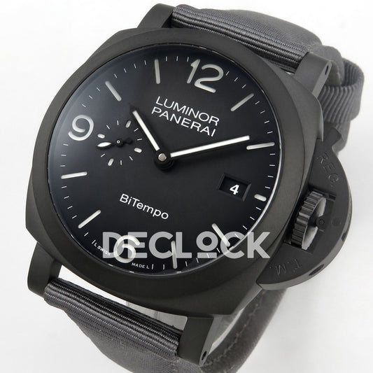 Panerai Luminor BiTempo New York PAM01467 Grey Ombre DLC Nylon VSF P9010 GMT replica - full watch angle