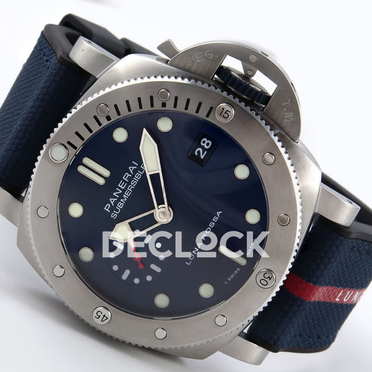 Panerai Submersible QuarantaQuattro Luna Rossa PAM01391 Blue Fabric VSF P900 replica - dial angle right