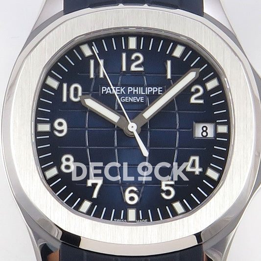 Patek Philippe Aquanaut 5168G APWF replica - blue embossed dial close-up with original Arabic numerals and date 8