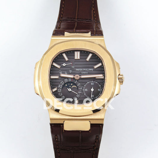 Front view of Patek Philippe Nautilus 5712R PPF V2 gray dial on brown leather strap