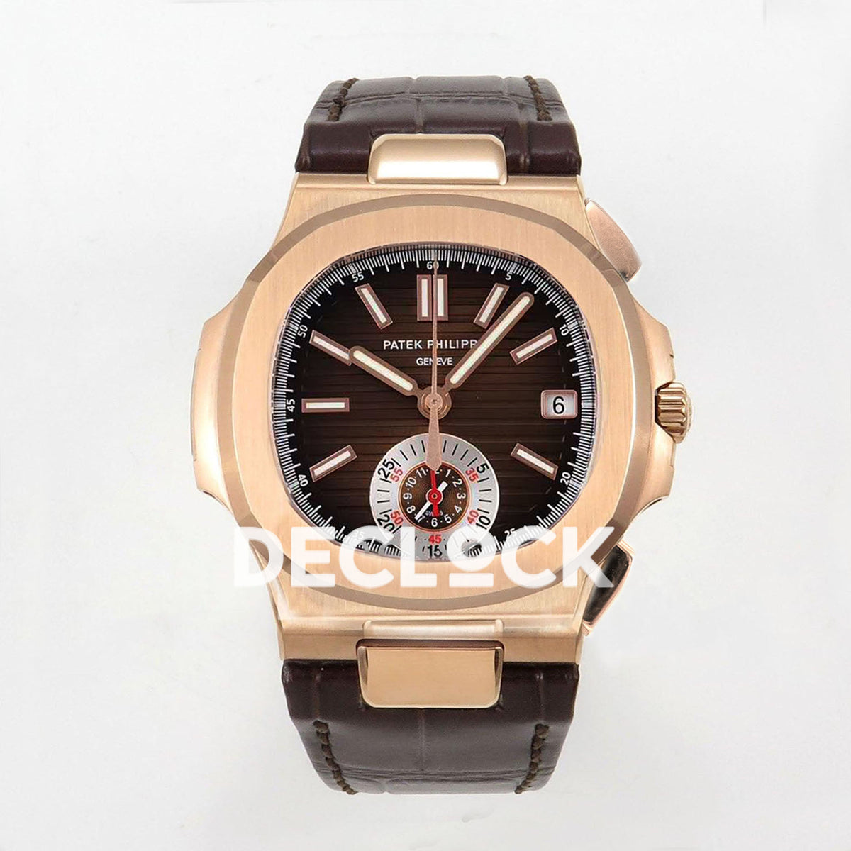 Patek Philippe Nautilus Chronograph 5980/R-001 in Rose Gold on Brown Leather Strap Replica Watch