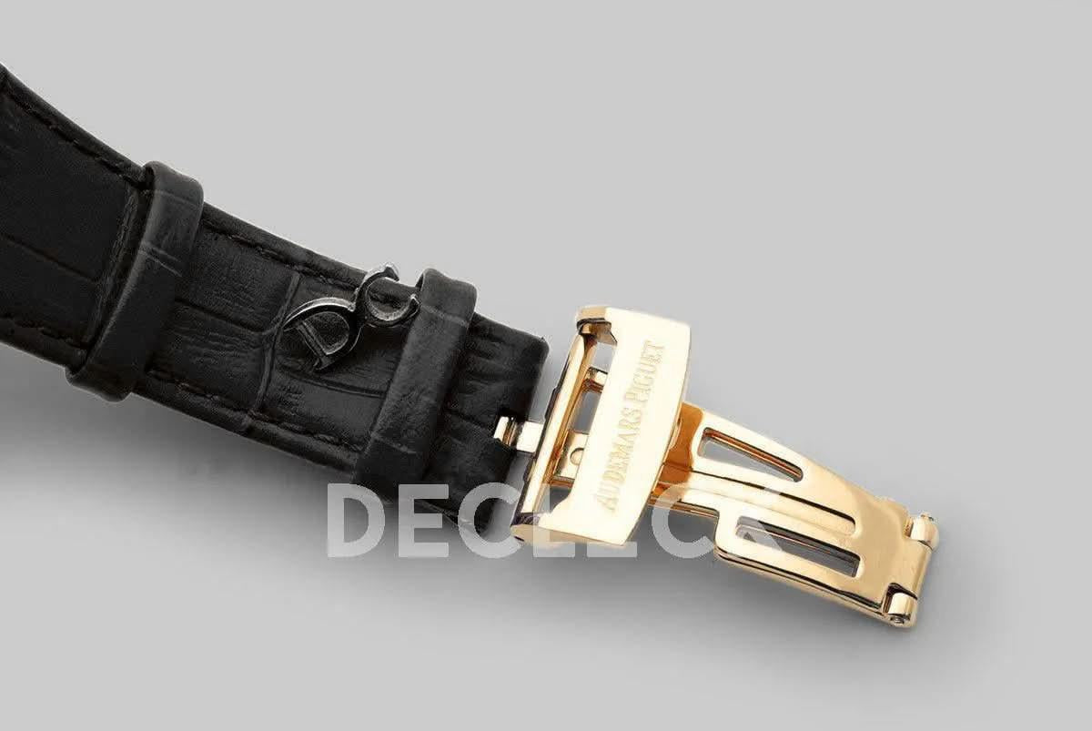 Replica Audemars Pigeut Royal Oak 15202 Gold Black Dial on Black Leather Strap | Declock.