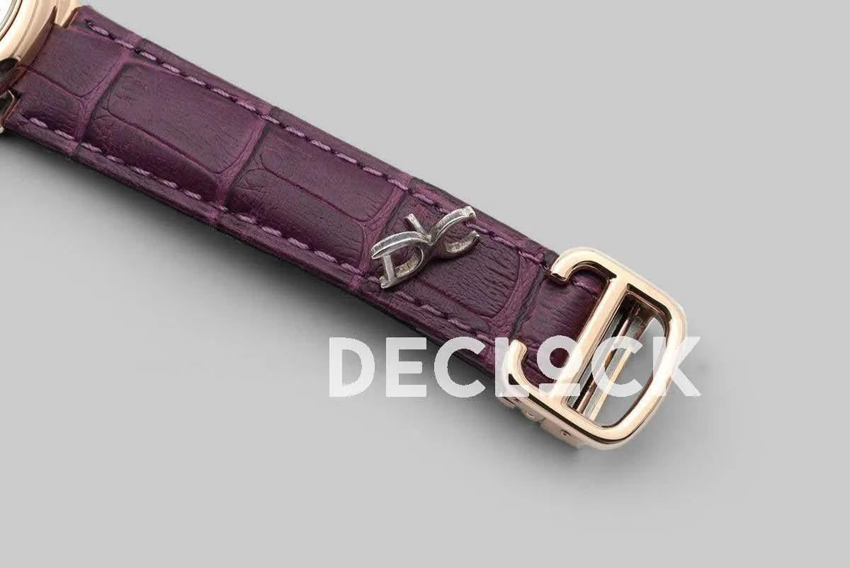 Replica Cartier Ballon Bleu De Cartier 36mm White Dial with Diamond Markers in Pink Gold on Purple Leather Strap | Declock.