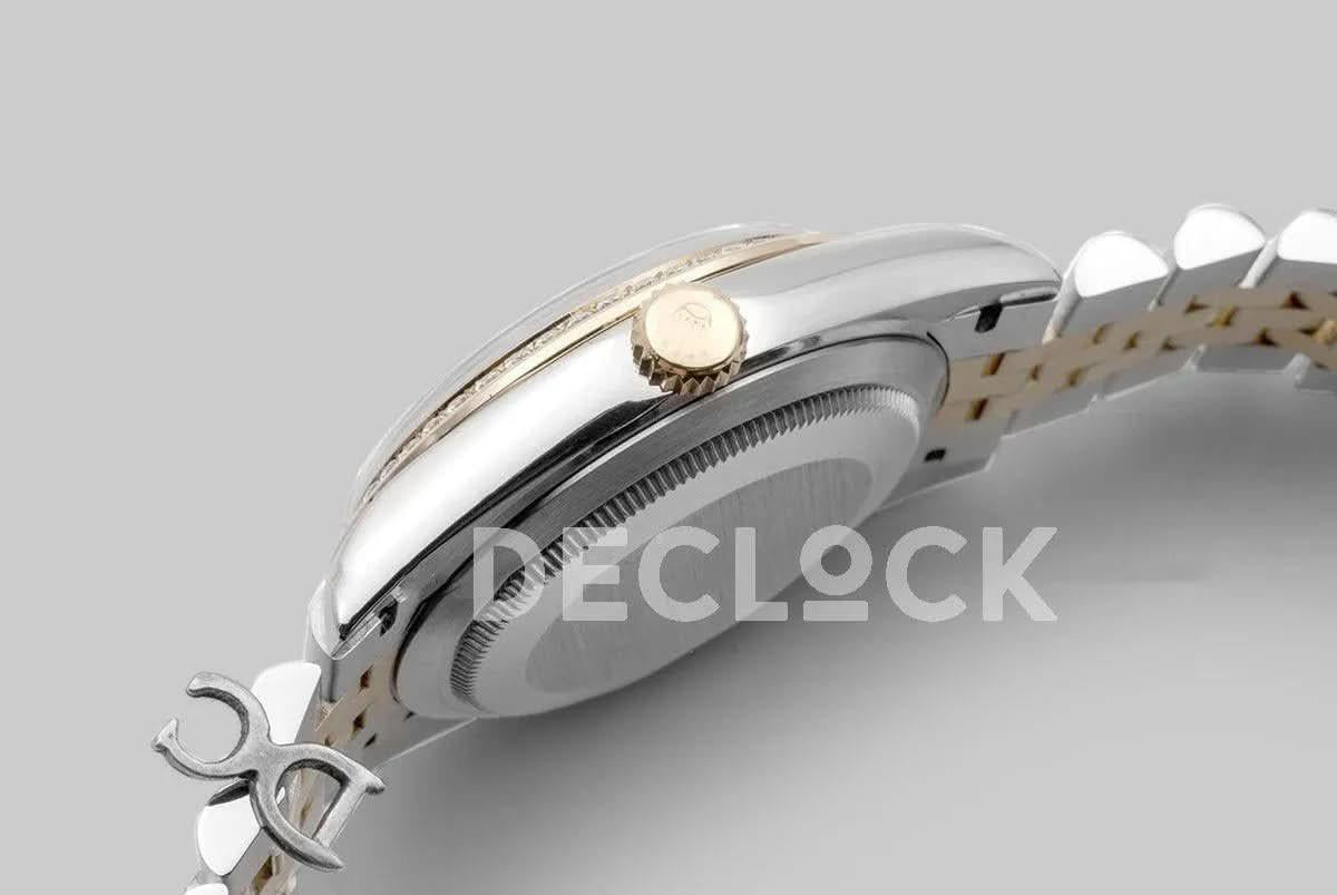 Replica Rolex Datejust 36 126283RBR Black Dial in Yellow Gold and Steel with Diamond Set Bezel and Diamond Markers | Declock.