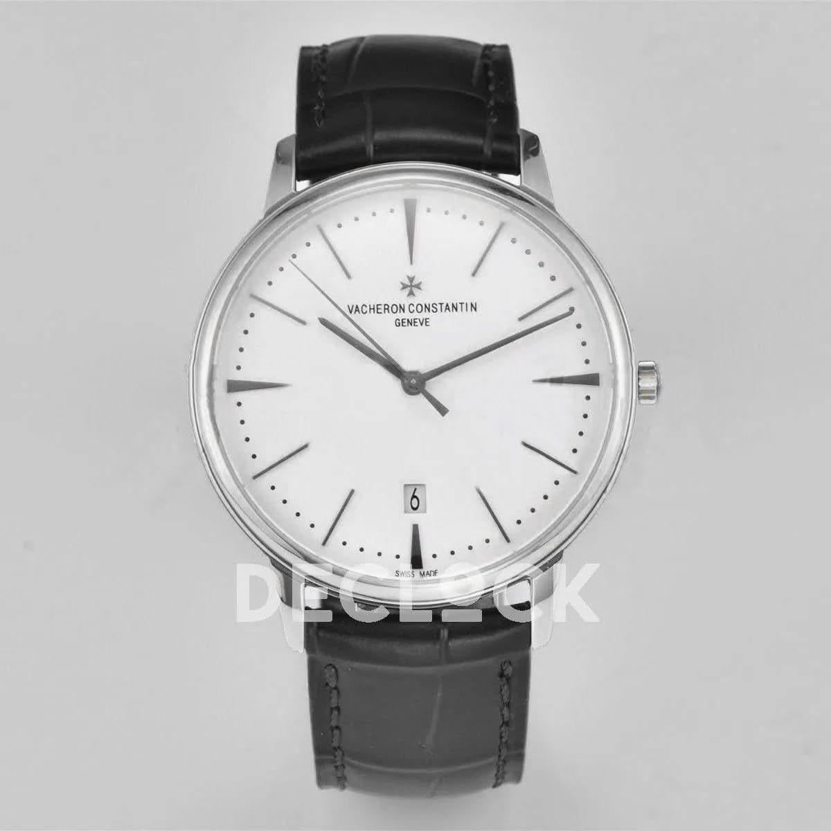 Replica Vacheron Constantin Patrimony Date Silver White Dial on Black Leather Strap | Declock.