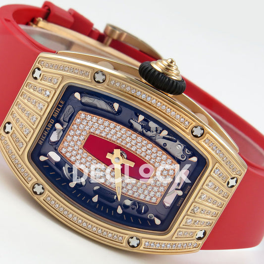 Richard Mille RM07-01 Grooved Gem Bezel Gold Tone Red Dial Red Rubber ZF CRMA2 replica - horizontal crown up