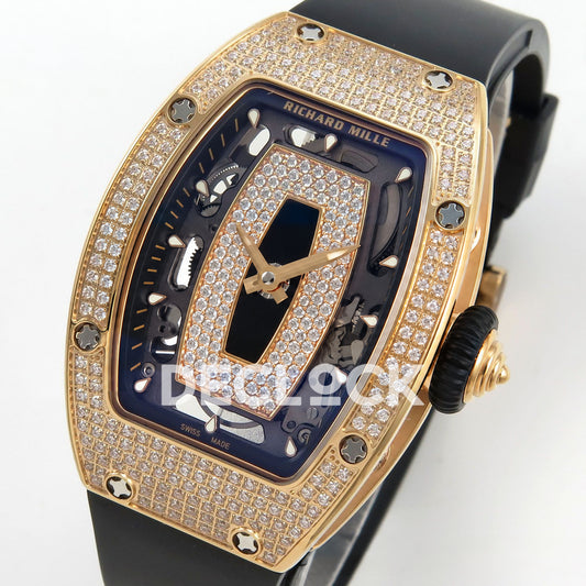 Richard Mille RM07-01 Full Pave Rose Gold Tone Black Dial Black Rubber ZF CRMA2 replica - front opposite angle