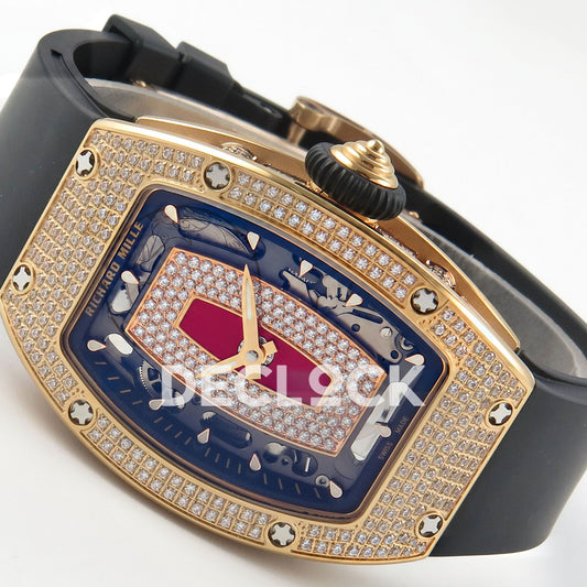 Richard Mille RM07-01 Full Pave Rose Gold Tone Red Dial Black Rubber ZF CRMA2 replica - horizontal crown up
