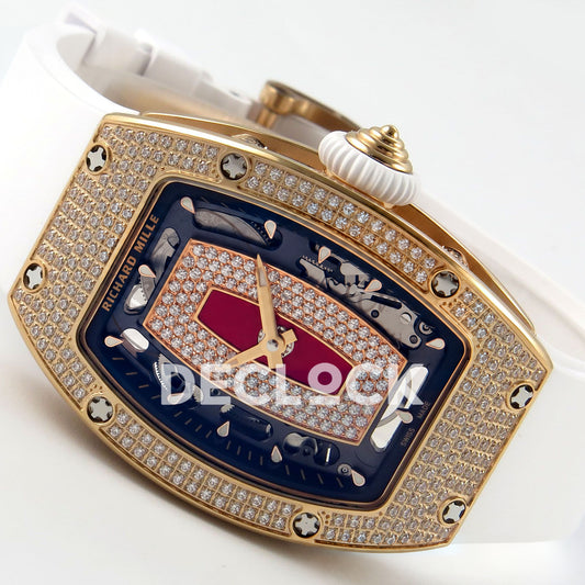 Richard Mille RM07-01 Full Pave Rose Gold Tone Red Dial White Rubber ZF CRMA2 replica - horizontal crown up