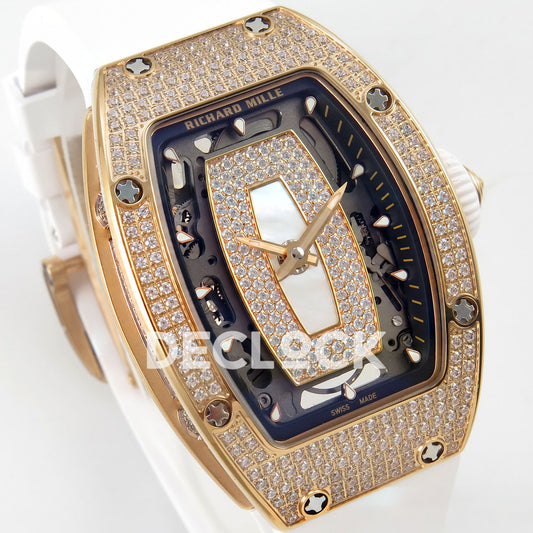 Richard Mille RM07-01 Full Pave Rose Gold Tone White MOP Dial White Rubber ZF CRMA2 replica - three quarter