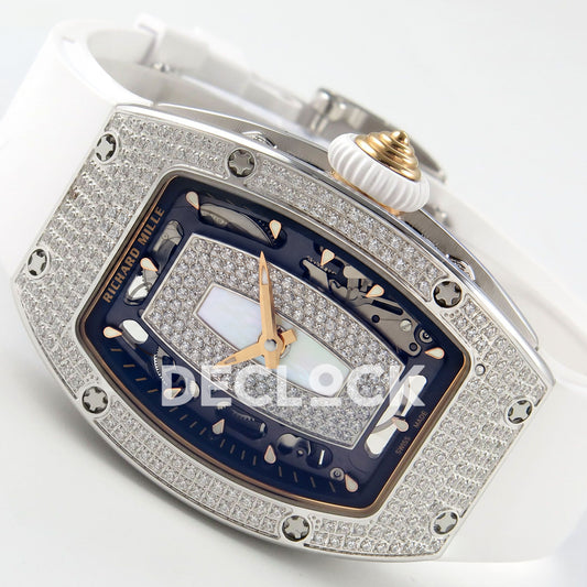 Richard Mille RM07-01 Full Pave Steel White MOP Dial White Rubber ZF CRMA2 replica - horizontal crown up