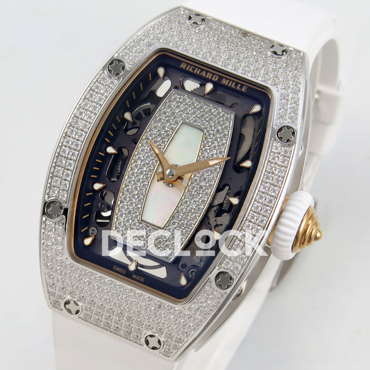 Richard Mille RM07-01 Full Pave Steel White MOP Dial White Rubber ZF CRMA2 replica - front opposite angle