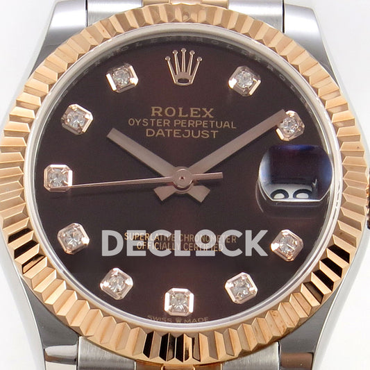 Rolex Datejust 31 278271 Brown Diamond Rose Two-Tone Jubilee XRF A2236 replica - Front macro view of the brown gem dial, rose-tone hands, fluted bezel and magnified date lens