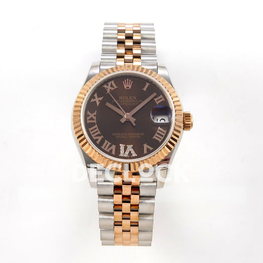 Rolex Datejust 31 278271 Brown Roman VI Gem Rose Two-Tone Jubilee XRF A2236 replica - Straight-on watch view with brown Roman dial, gem-set VI, rose-tone fluted bezel and steel/rose Jubilee bracelet