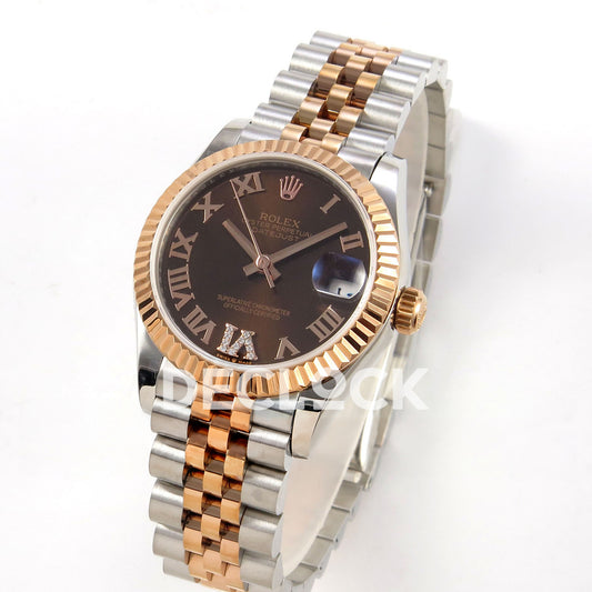 Rolex Datejust 31 278271 Brown Roman VI Gem Rose Two-Tone Jubilee XRF A2236 replica - Standing three-quarter watch view with brown Roman dial, gem-set VI and steel/rose Jubilee bracelet