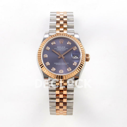 Rolex Datejust 31 278271 Purple Diamond Rose Two-Tone Jubilee XRF A2236 replica - Straight-on full watch view with purple gem dial, rose-tone fluted bezel and steel/rose Jubilee bracelet
