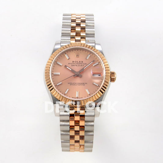 Rolex Datejust 31 278271 Rose Gold Stick Rose Two-Tone Jubilee XRF A2236 replica - Straight-on watch view with rose-pink baton dial, rose-tone fluted bezel and steel/rose Jubilee bracelet