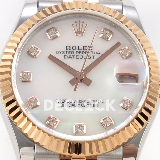 Rolex Datejust 31 278271 White MOP Diamond Rose Two-Tone Jubilee XRF A2236 replica - Front macro view of the white MOP gem dial, rose-tone hands, fluted bezel and magnified date lens