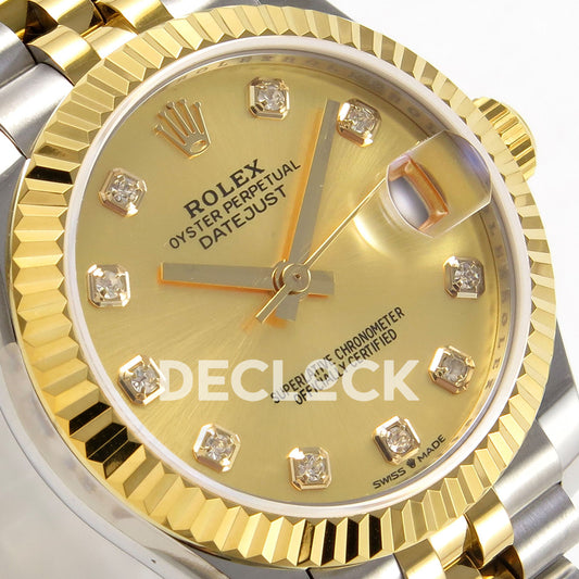 Rolex Datejust 31 278273 Champagne Diamond Yellow Two-Tone Jubilee XRF A2236 replica - Close-up of the champagne gem-index dial, native gold-tone hands, date cyclops and fluted yellow-tone bezel