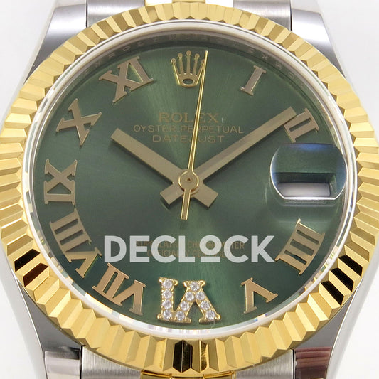 Rolex Datejust 31 278273 Green Roman Yellow Two-Tone Jubilee XRF A2236 replica - Front macro of the green Roman dial with gem-set VI, yellow-tone hands and magnified date lens
