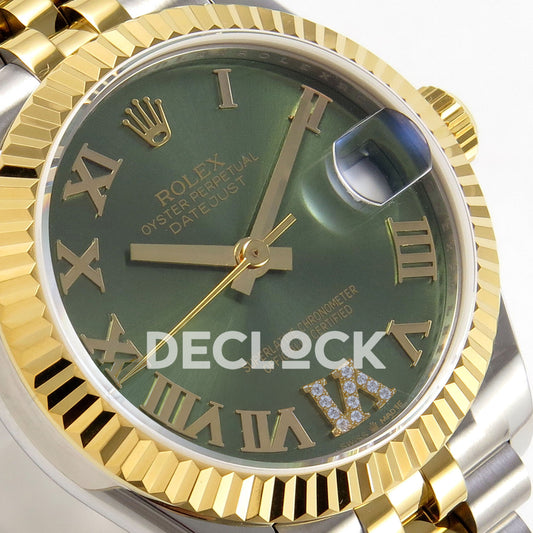 Rolex Datejust 31 278273 Green Roman Yellow Two-Tone Jubilee XRF A2236 replica - Close-up of the green Roman dial with gem-set VI, native yellow-tone hands, date cyclops and fluted yellow-tone bezel