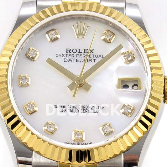 Rolex Datejust 31 278273 White MOP Diamond Yellow Two-Tone Jubilee XRF A2236 replica - Front macro of the white mother-of-pearl dial with ten decorative gem markers, yellow-tone hands and magnified date lens