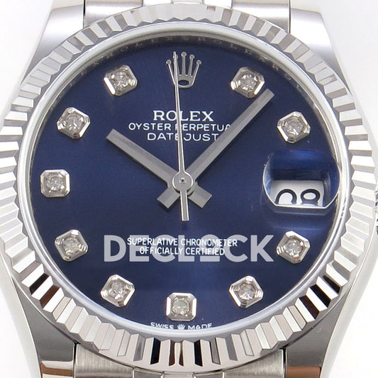 Rolex Datejust 31 278274 Blue Diamond Jubilee XRF A2236 replica - Macro frontal view of the blue dial, gem hour markers, hands and magnified date