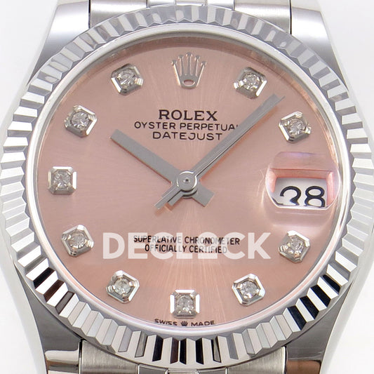 Rolex Datejust 31 278274 Pink Diamond Jubilee XRF A2236 replica - Macro frontal view of the pink dial, gem hour markers, hands and magnified date