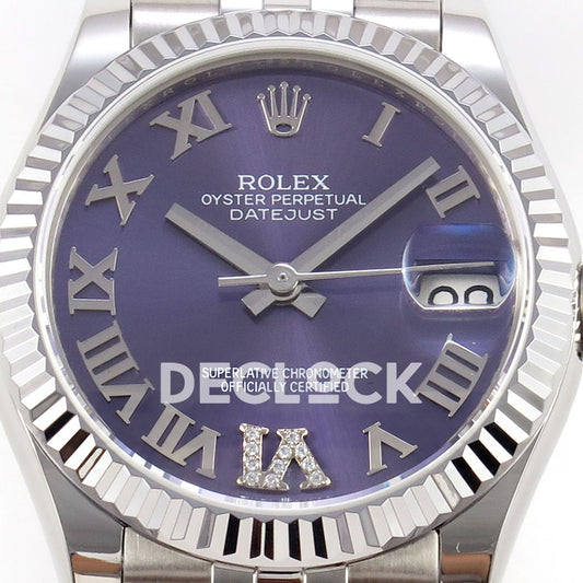 Rolex Datejust 31 278274 Purple Roman VI Gem Jubilee XRF A2236 replica - Macro frontal view of the purple dial, Roman numerals, gem-set VI, hands and magnified date