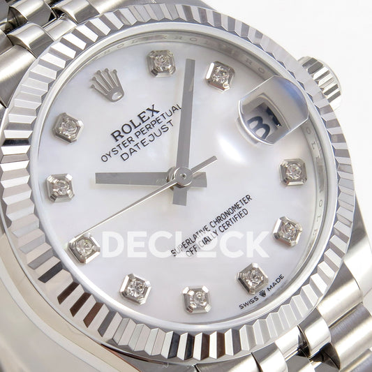 Rolex Datejust 31 278274 White MOP Diamond Jubilee XRF A2236 replica - Angled macro view of the white mother-of-pearl dial, gem hour markers, fluted bezel and crown